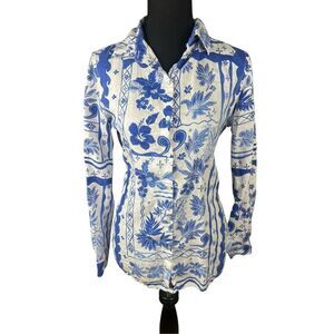 Joie Womens Small 100% Linen Shirt Top Blue White Tropical Floral button up